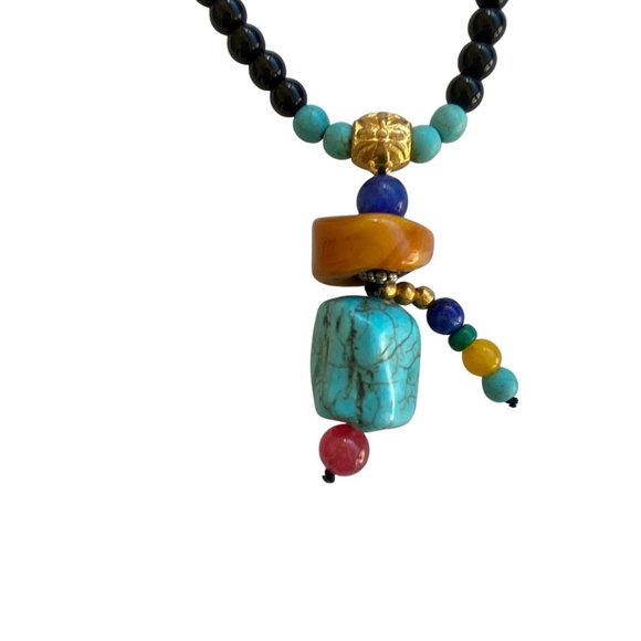 Handmade Tibetan Beads Wrap Bracelet Necklace Black and Turquoise - Picture 3 of 3